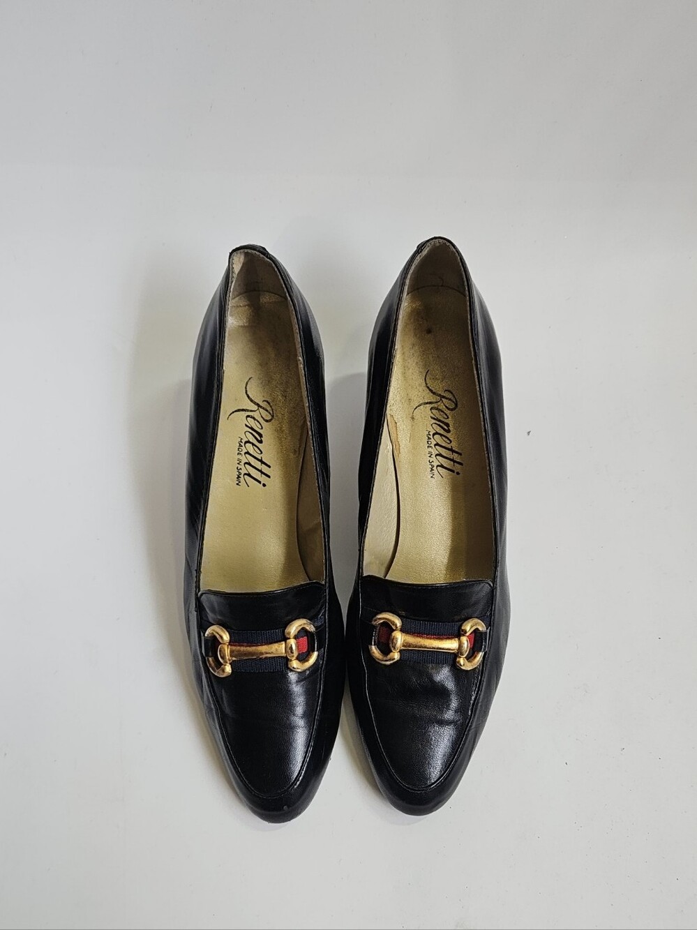 Renetti Vintage Black Leather Women Loafers Pumps Gold And Red Horsebit Detail